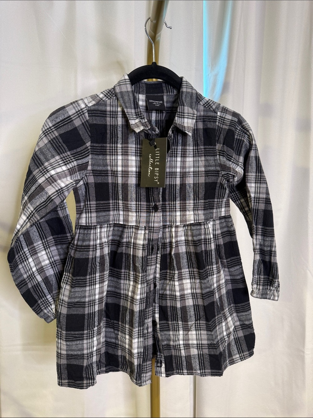 Little Bipsy 5/6T Flannel Black & White Plaid Button-Front Kids Top NWT